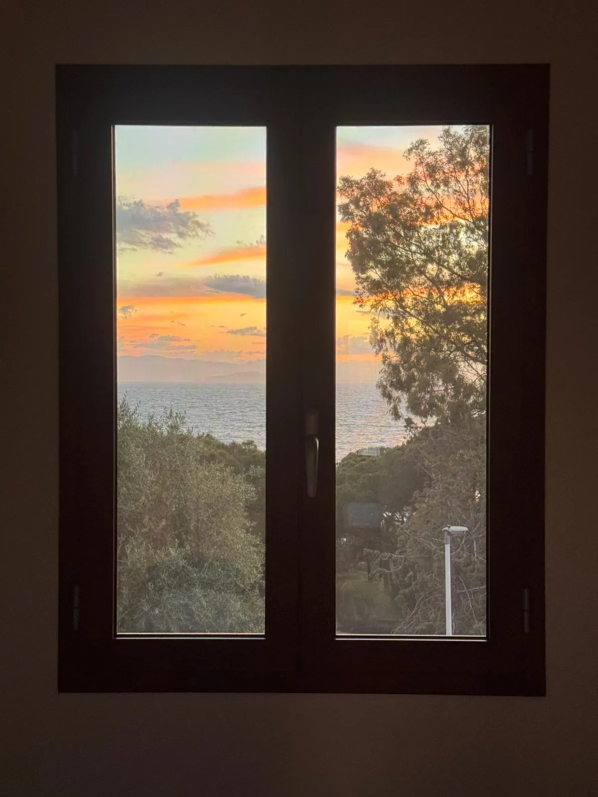 Tramonto pastello incorniciato dalla finestra in legno mogano della suite a Cagliari: cielo arancio e rosa, ulivo e vegetazione mediterranea in primo piano, profilo costiero del Golfo all'orizzonte.